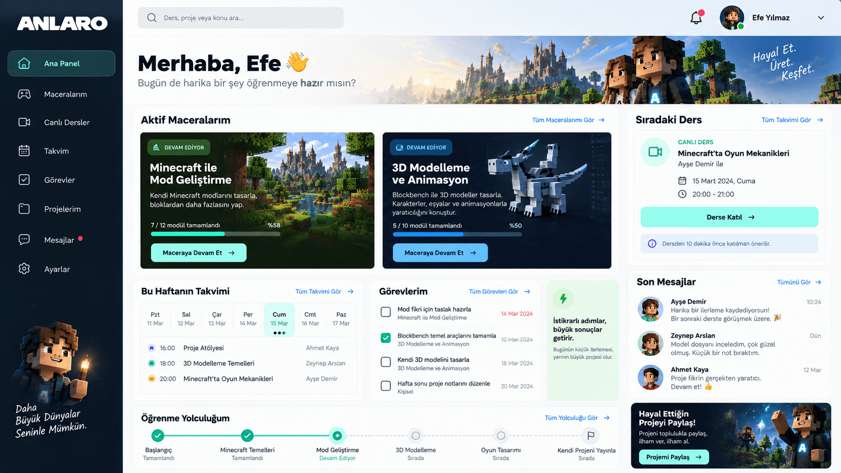 ANLARO student dashboard design showing adventures, lessons and the learning journey