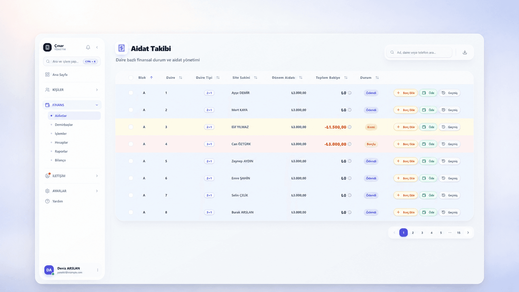 SITENIS dues view showing balances and payment status by apartment