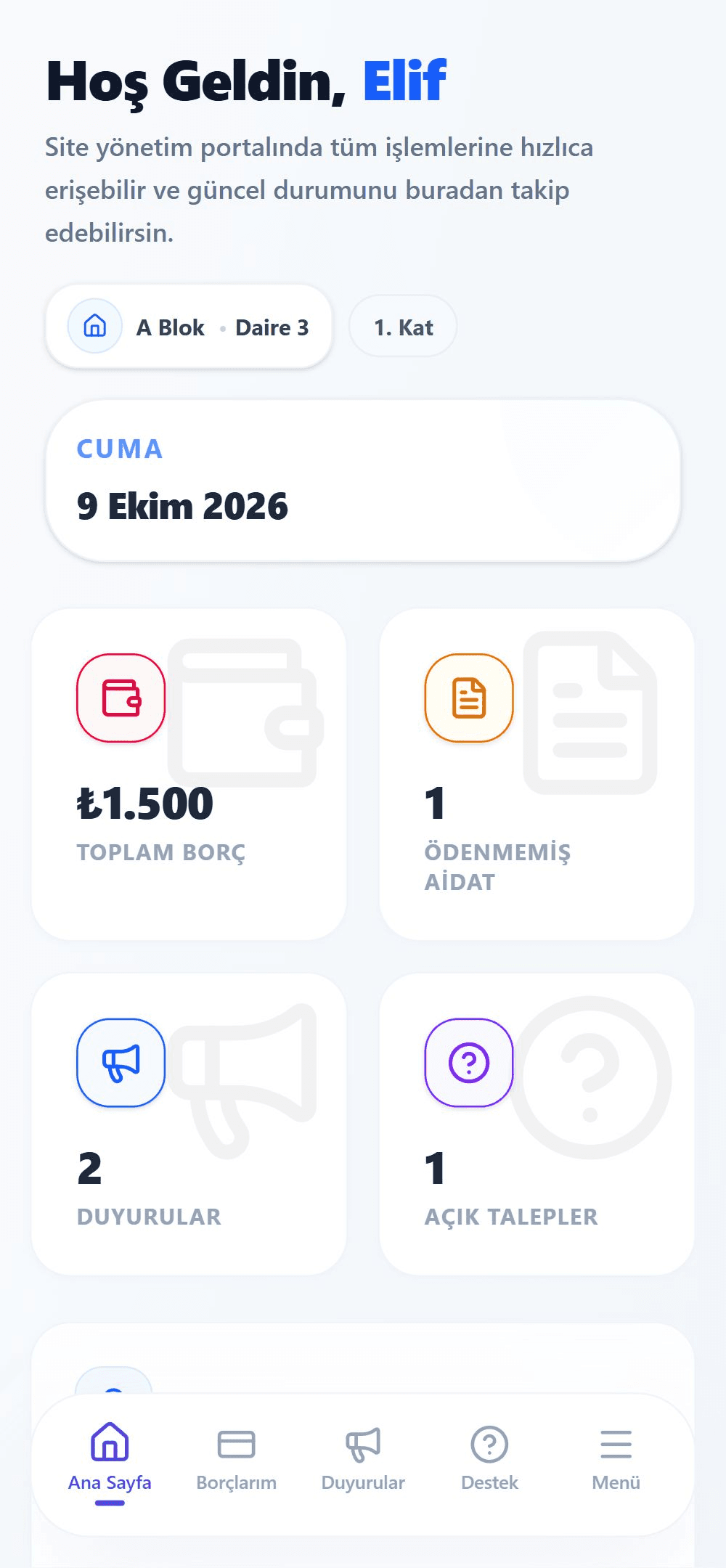 SITENIS mobile resident view showing balances, announcements and open requests
