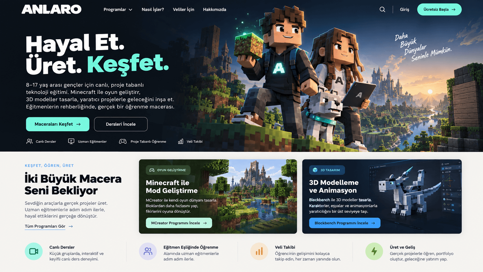 ANLARO homepage design showing Maceralar and learning programs